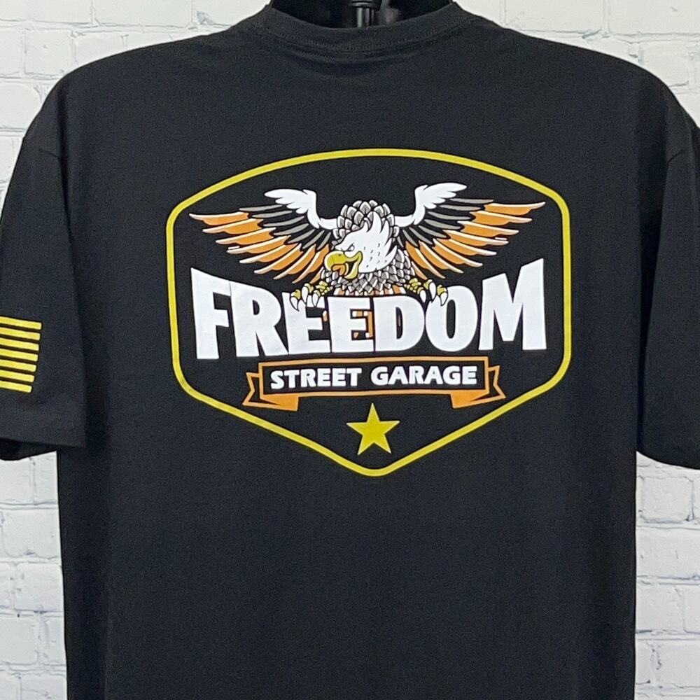 Freedom Street Garage T Shirt L Large Black Patriotic Cars FSG Short Sleeve Tee